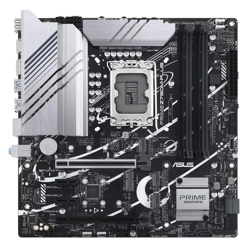 Micro ATX motherboard in black with silver heatsinks and LGA 1700 socket