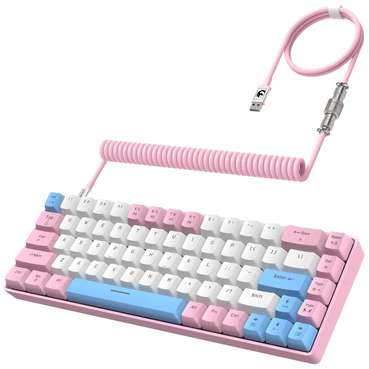 Pink and white 65 percent mechanical keyboard with blue switches and coiled aviator cable