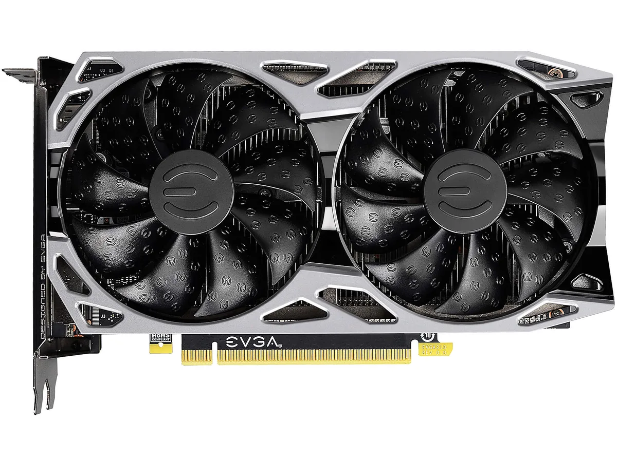 Silver dual-fan graphics card with metal backplate and PCIe 3.0 interface