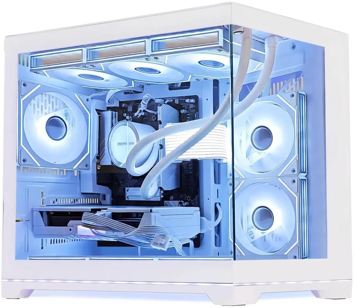 White mid-tower gaming desktop with ARGB fans and liquid cooler