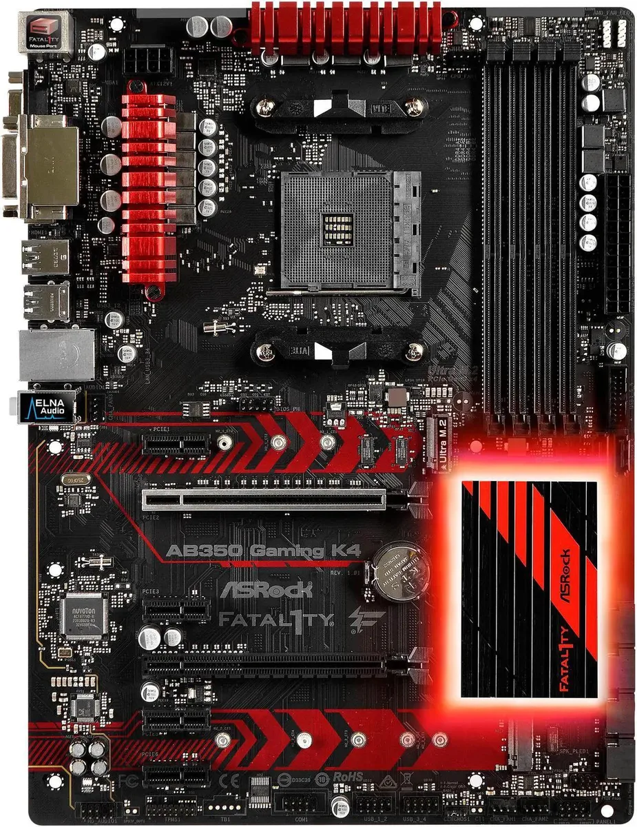 Black ATX motherboard with silver heatsinks and red accents
