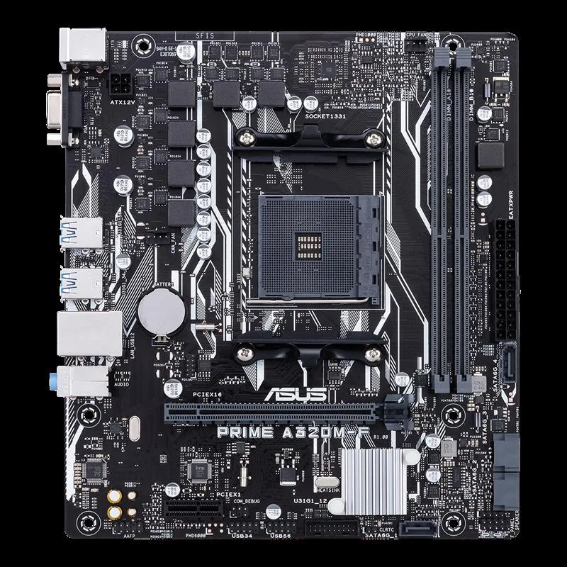 Green rectangular uATX motherboard with silver AM4 socket, black DDR4 slots, and blue PCIe slots