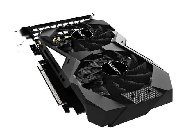 Dual-fan graphics card with silver shroud and exposed heatsink fins