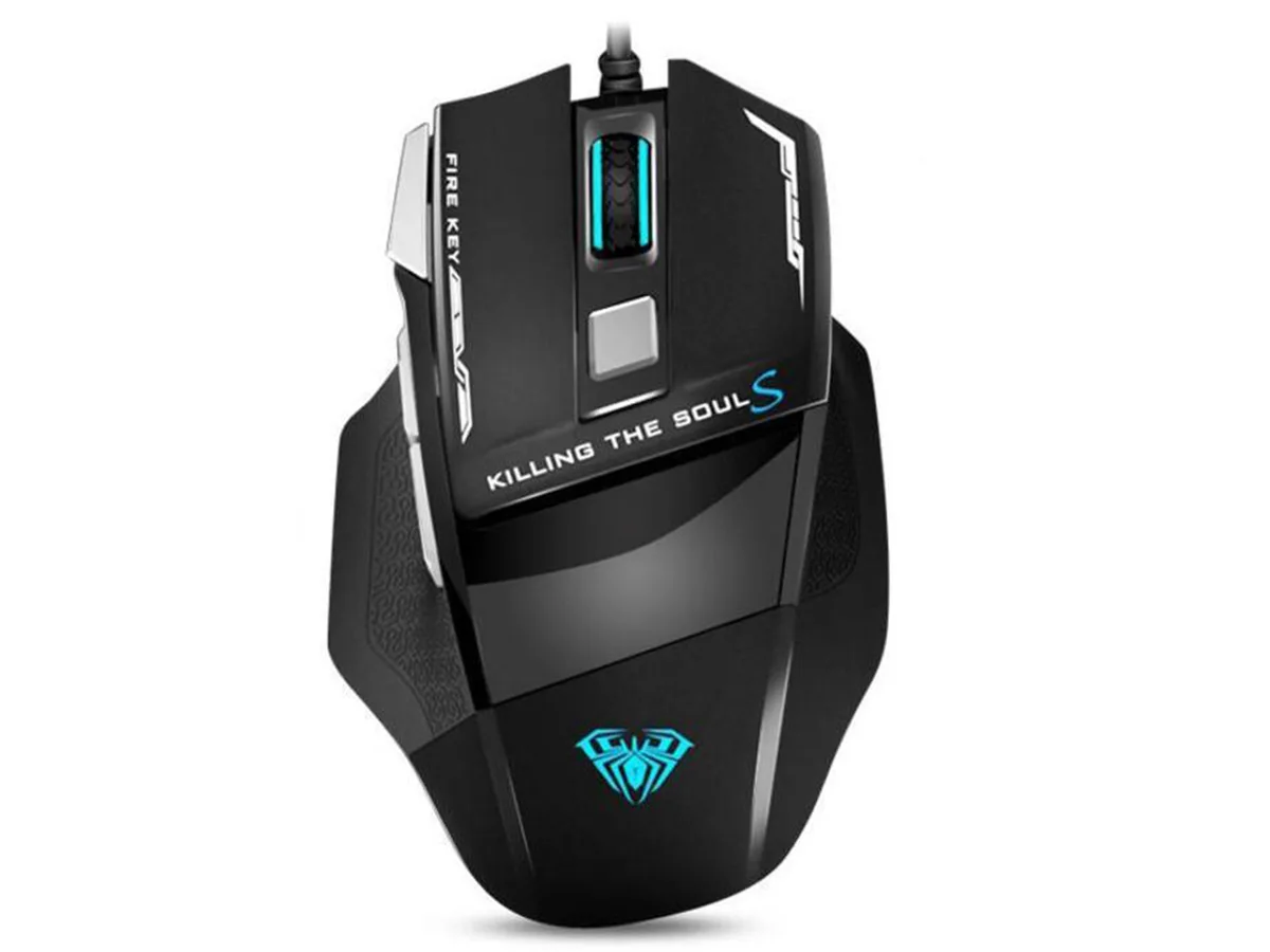 Black wired gaming mouse with breathing backlight, ergonomic shape, seven buttons and braided cable