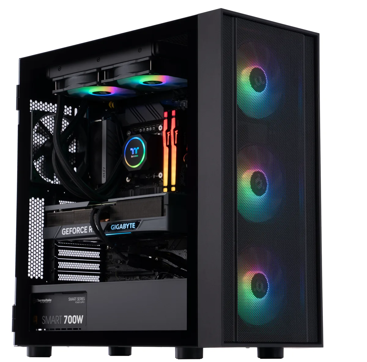 Mid-tower gaming PC in dark case with RGB liquid cooler and graphics card visible