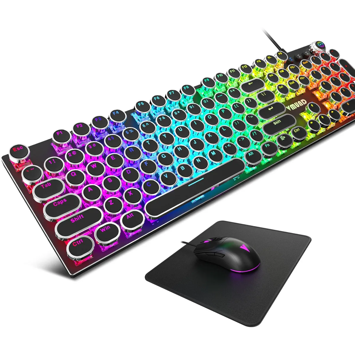 Black retro mechanical keyboard with round keycaps, metal panel, media knob, matching mouse and pad