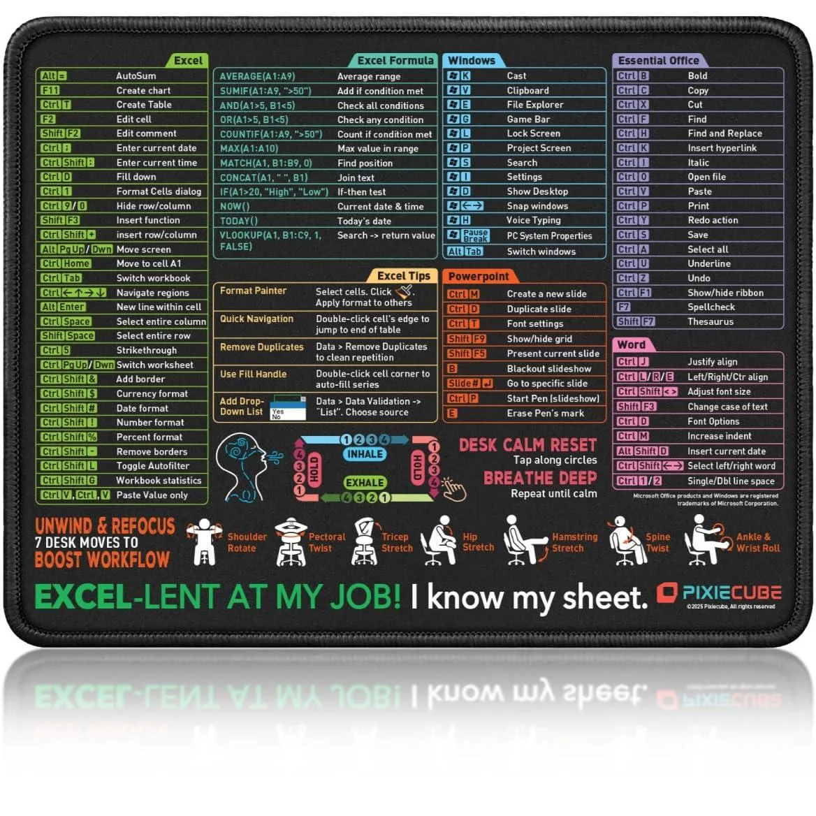  Pixiecube GG-2232-P Excel Shortcuts Mouse Pad 12.6×9.5 in — Produktfoto