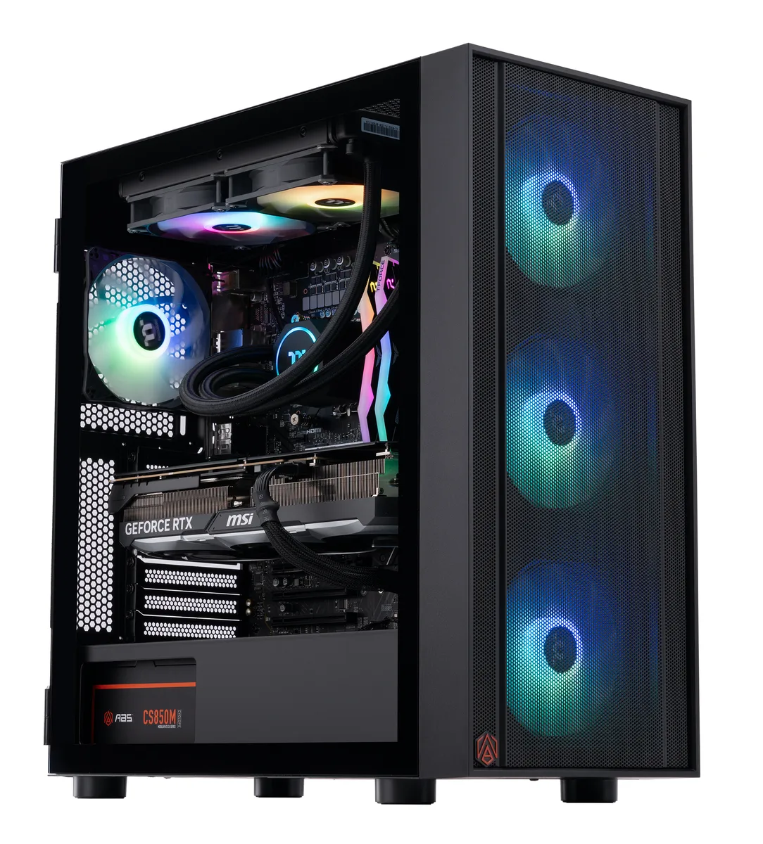 Black mid-tower gaming desktop with RGB liquid cooler visible through glass side panel