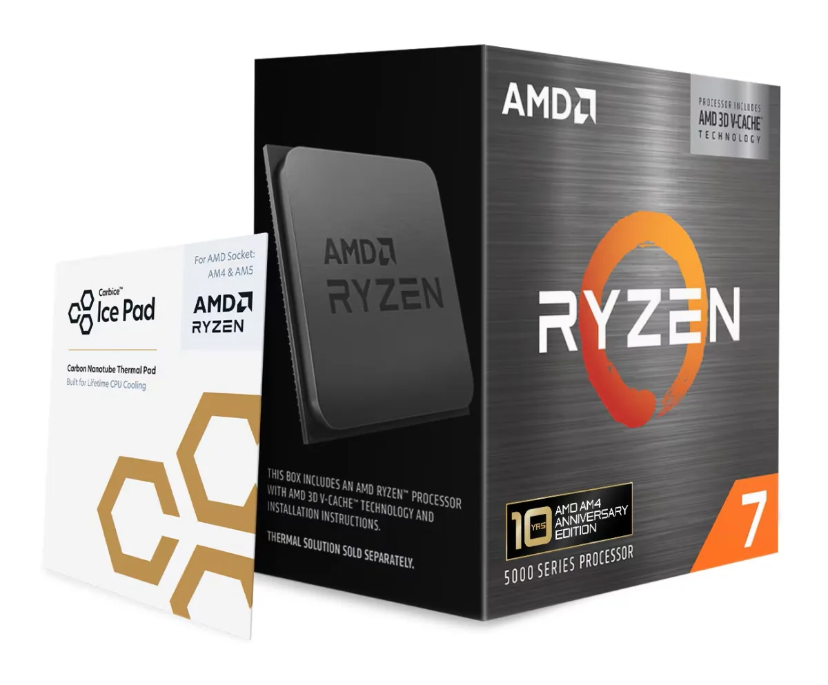AMD Ryzen 7 5800X3D 10th Anniversary Edition processor in AM4 package with metallic heat spreader and gold contacts
