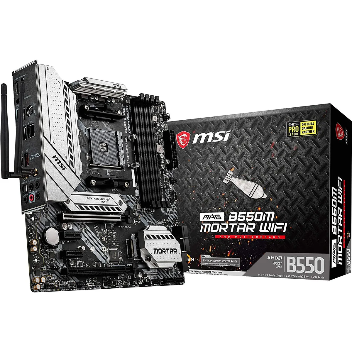Micro-ATX motherboard with black heatsinks and integrated I/O shield
