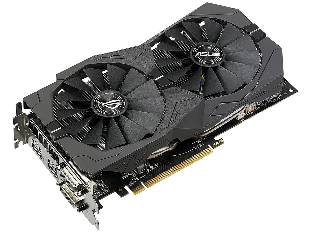 ASUS ROG Strix Radeon RX 570 graphics card with black dual-fan cooler and metal backplate