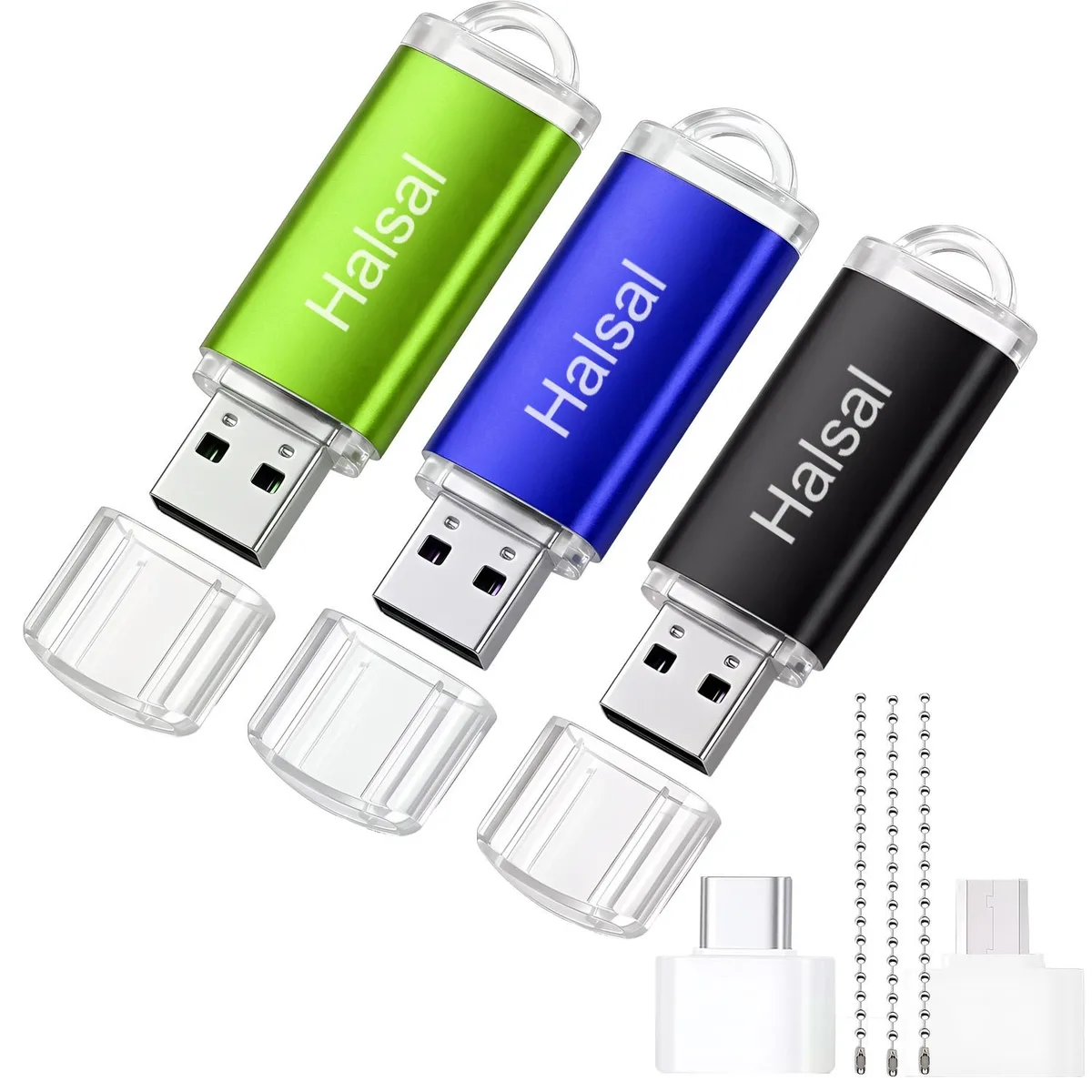 Halasal Halasal USB 2.0 flash drive 3-pack 32 GB blue black with Type-C Micro USB adapters — 商品写真