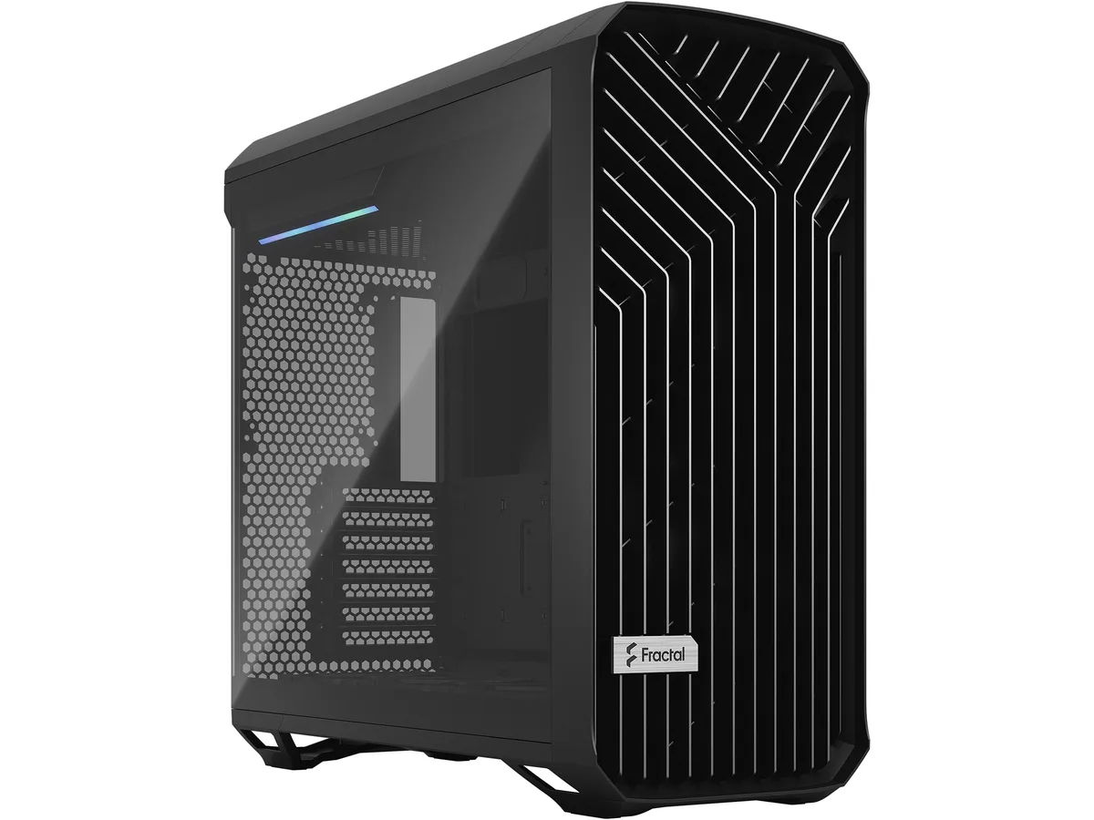 Black mid-tower case with open front grille, tempered glass side panel, two 180 mm front fans and three 140 mm bottom fans