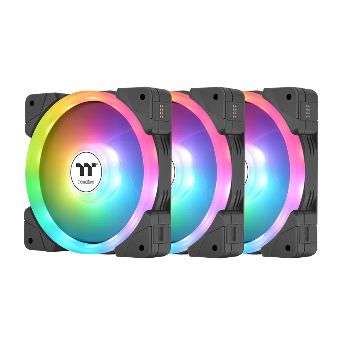 Three black 120mm case fans with ARGB lighting and reversible blades