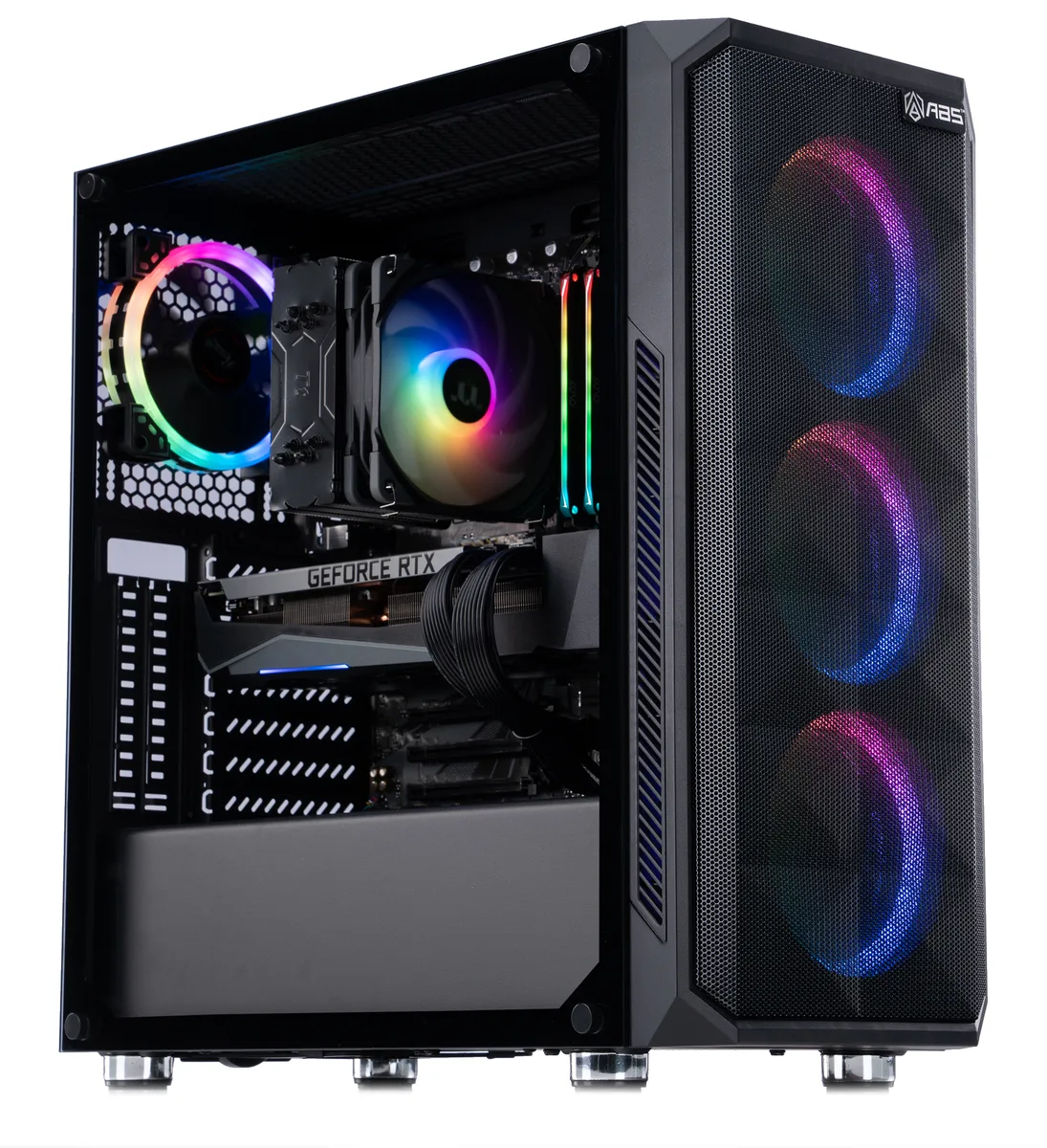 Mid-tower gaming desktop in black case with RGB lighting and tempered glass side panel