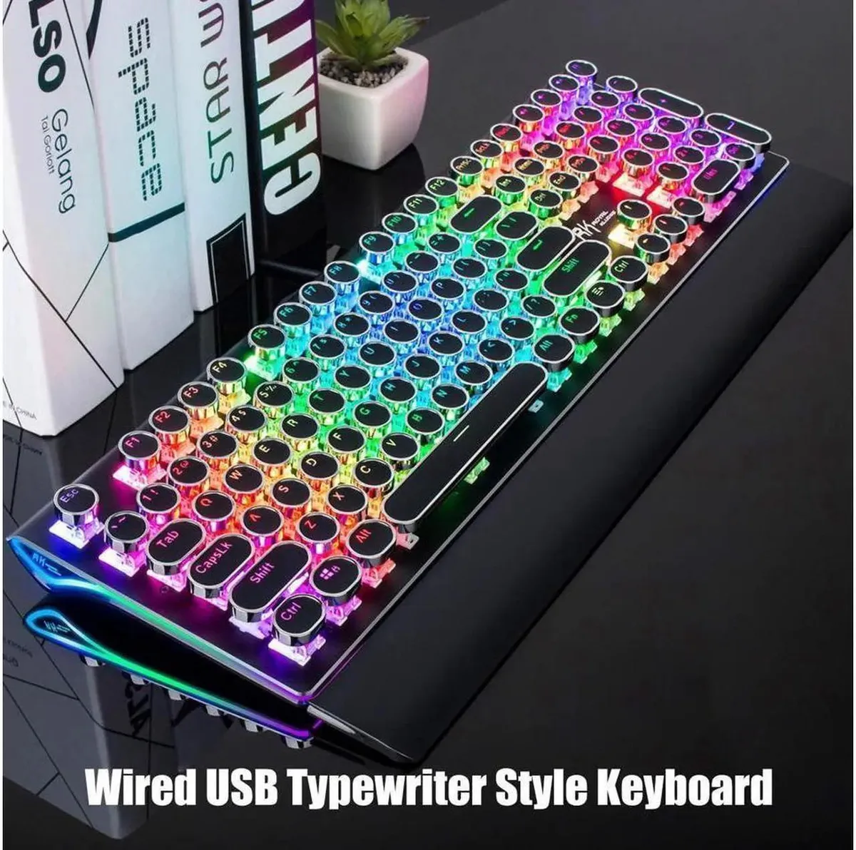 JAENFONG JAENFONG Typewriter Style Mechanical Gaming Keyboard 108-Key Blue Switch Retro Round Keycap Black — zdjęcie produktu