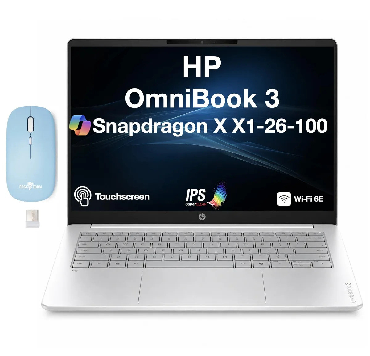 Silver 14 inch touchscreen laptop with slim profile and included wireless mouse