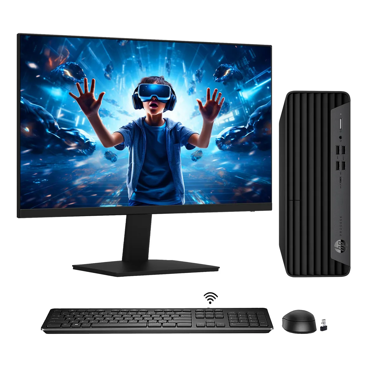 Black small-form-factor desktop tower beside a 24-inch monitor