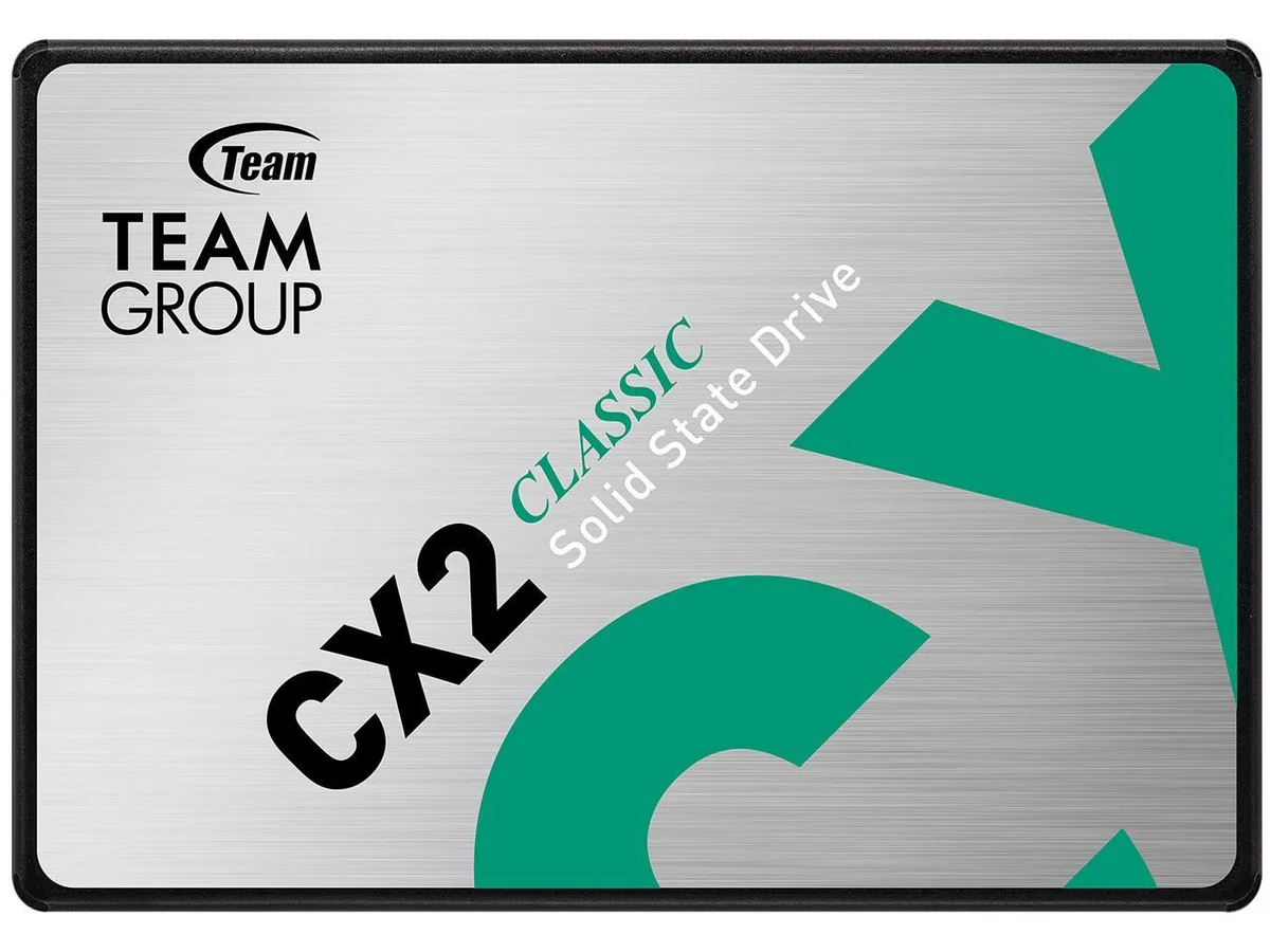 Rectangular 2.5 inch SSD with black metal casing and label