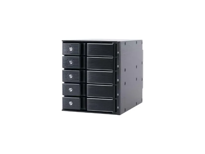 Black aluminum trayless backplane with five 3.5 inch drive bays, metal keylocks and an 8cm cooling fan