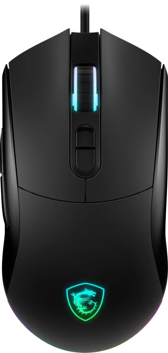 Black ambidextrous gaming mouse with RGB lighting and seven buttons