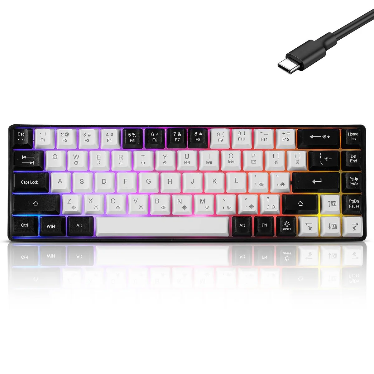 White compact 68-key mechanical keyboard with RGB backlighting and red tactile switches