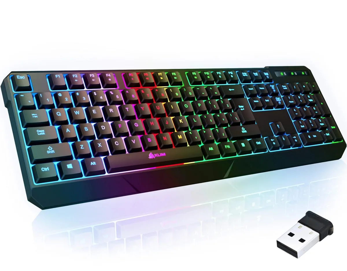 Black wireless membrane gaming keyboard with RGB backlighting and USB receiver