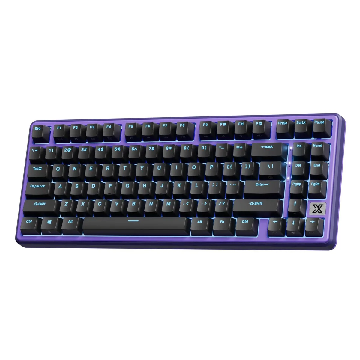 Compact 75% wired keyboard, 86 keys, purple case with ice-blue backlight, gasket mount, creamy linear switches