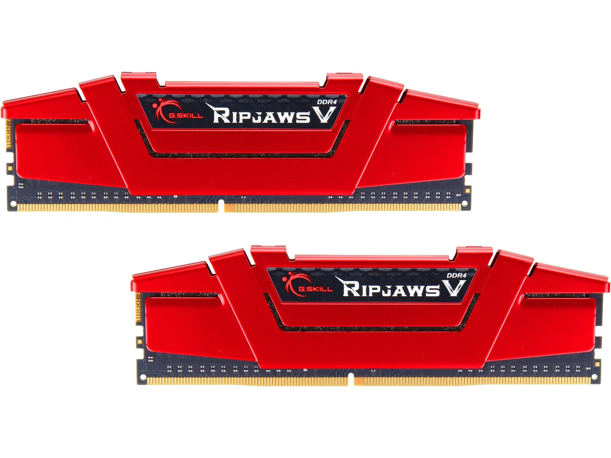 Two red DDR4 modules with aluminum heatspreaders