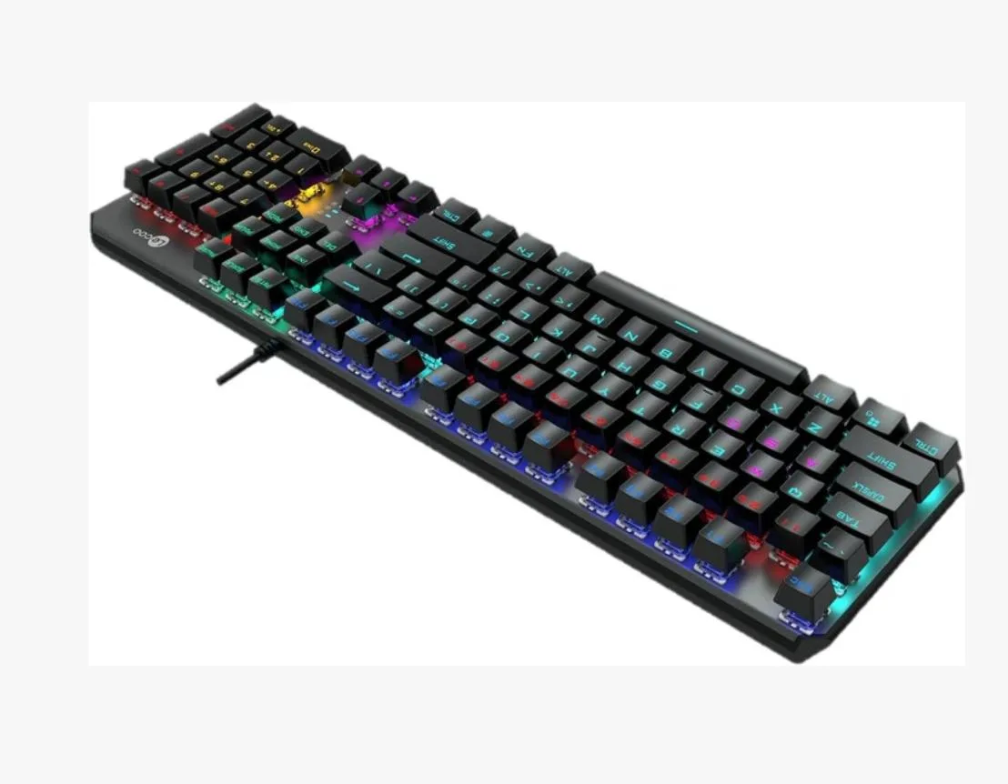 Black wired mechanical gaming keyboard with RGB backlighting and tactile switches, compact rectangular form factor