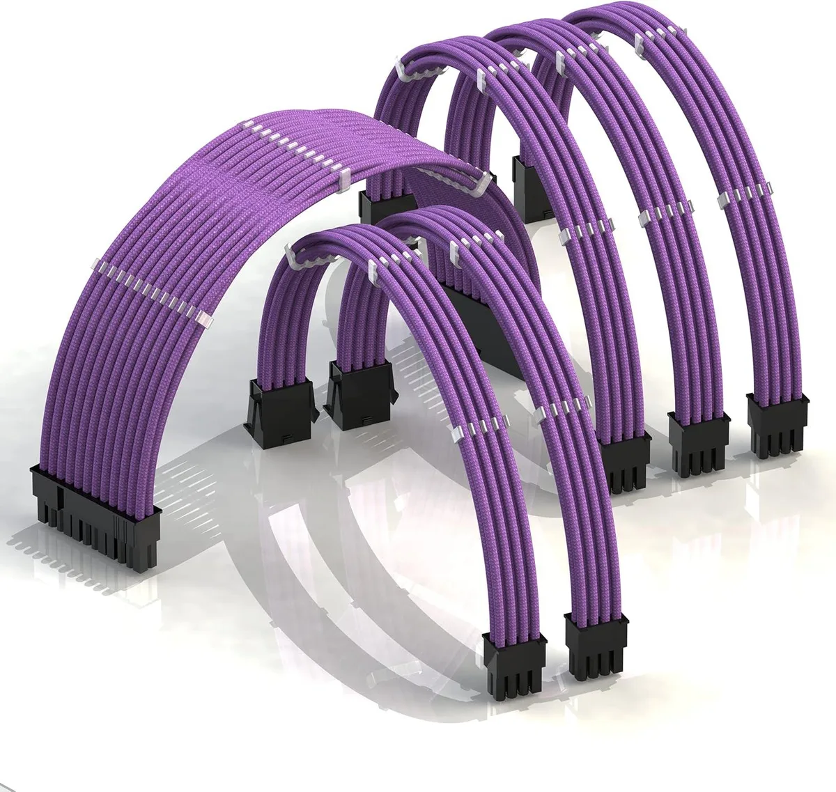 Purple braided 18AWG PSU cable extension kit with 24-pin, two 8-pin CPU, three 8-pin GPU cables and combs