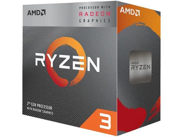 Square green ceramic chip with gold contacts and silver heat spreader, AMD Ryzen 3 3200G text