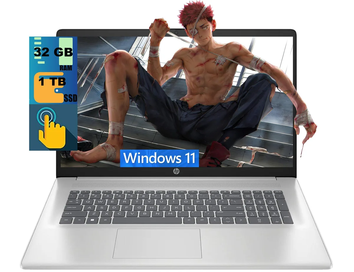 Silver 17.3 inch HP laptop with touchscreen display