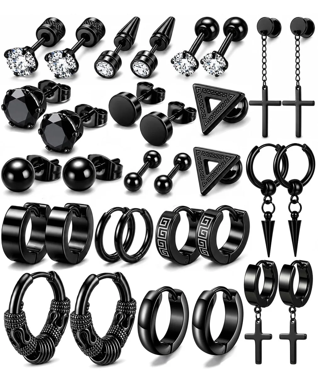  16 Pairs Stainless Steel Hoop &amp; Stud Earrings Black — toote foto