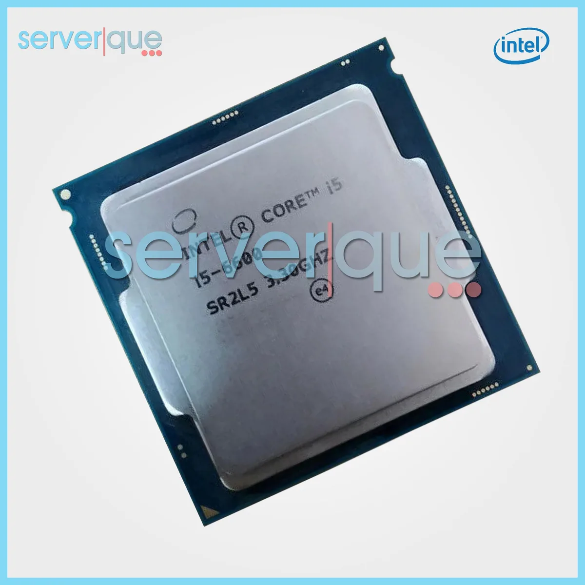 Square green printed circuit board with gold contact pads and silver metal heat spreader marked Intel Core i5-6600