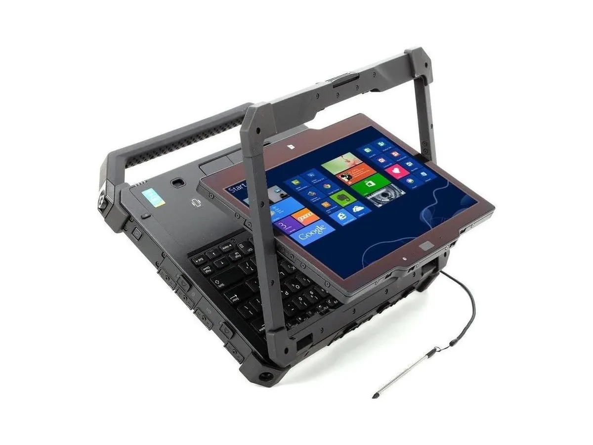 Black rugged 2-in-1 laptop with 11.6 inch touchscreen and flip hinge