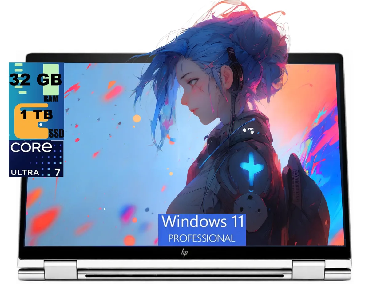 Silver 14-inch 2-in-1 laptop with 360-degree hinge and OLED touchscreen