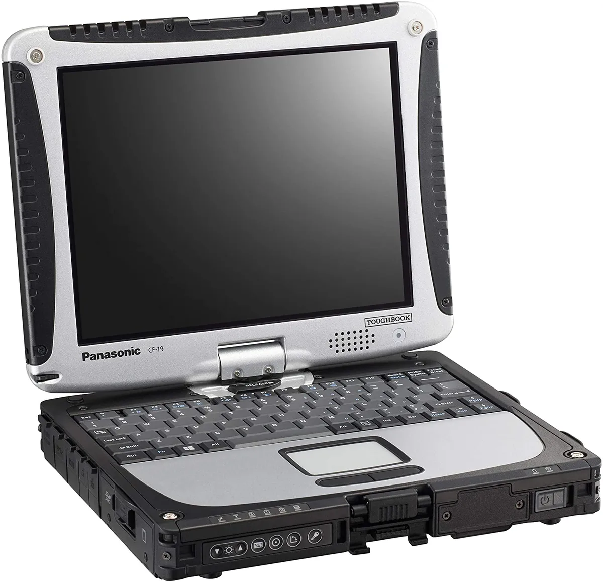 Rugged convertible laptop tablet in black silver finish with 10.1 inch touchscreen and rotating hinge