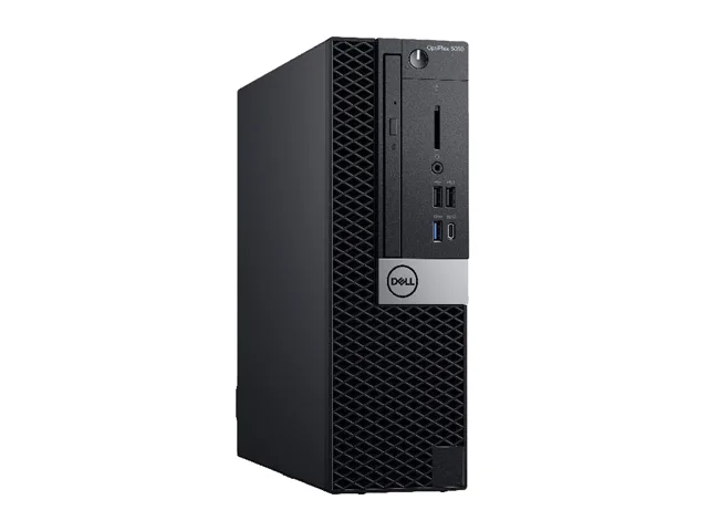Black Dell OptiPlex 5060 small form factor desktop tower with keyboard and mouse