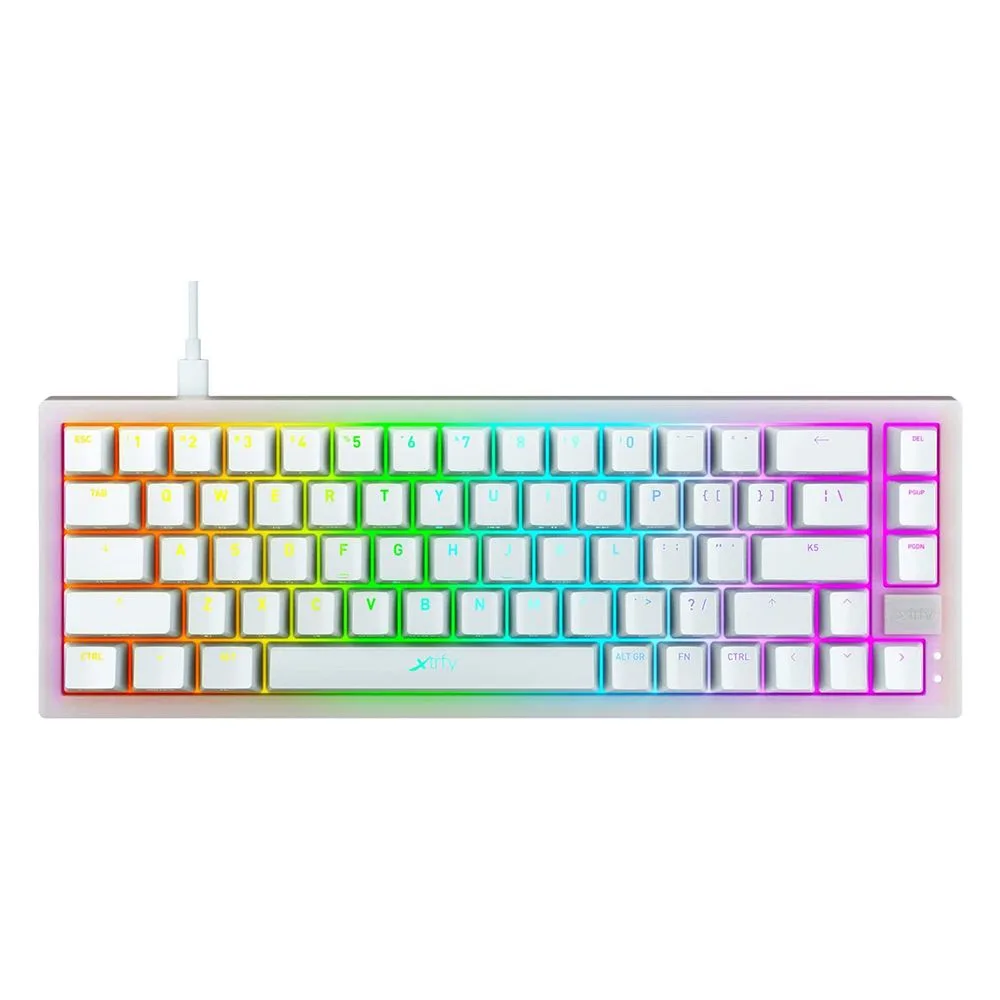 White compact 65% mechanical keyboard with per-key RGB strip lighting