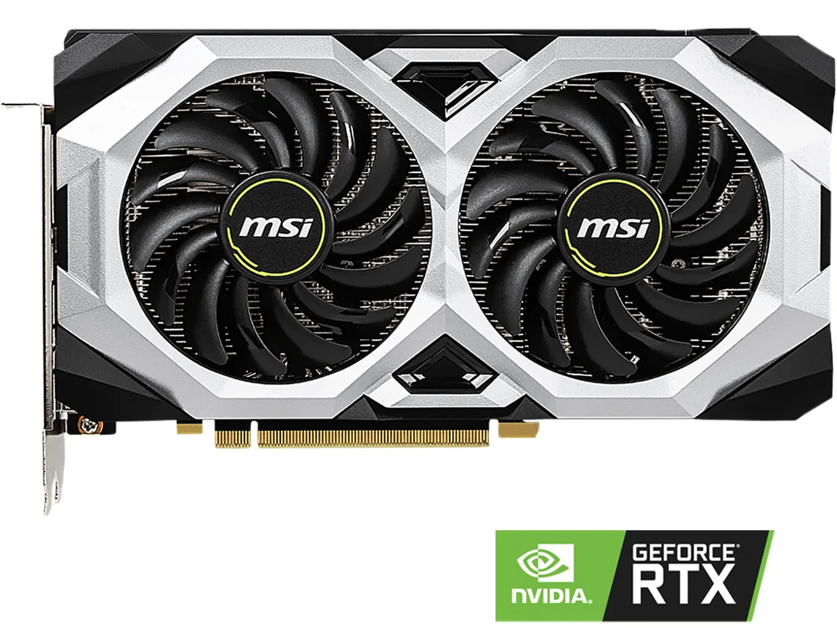 Dual-fan graphics card in dark grey with silver accents and backplate