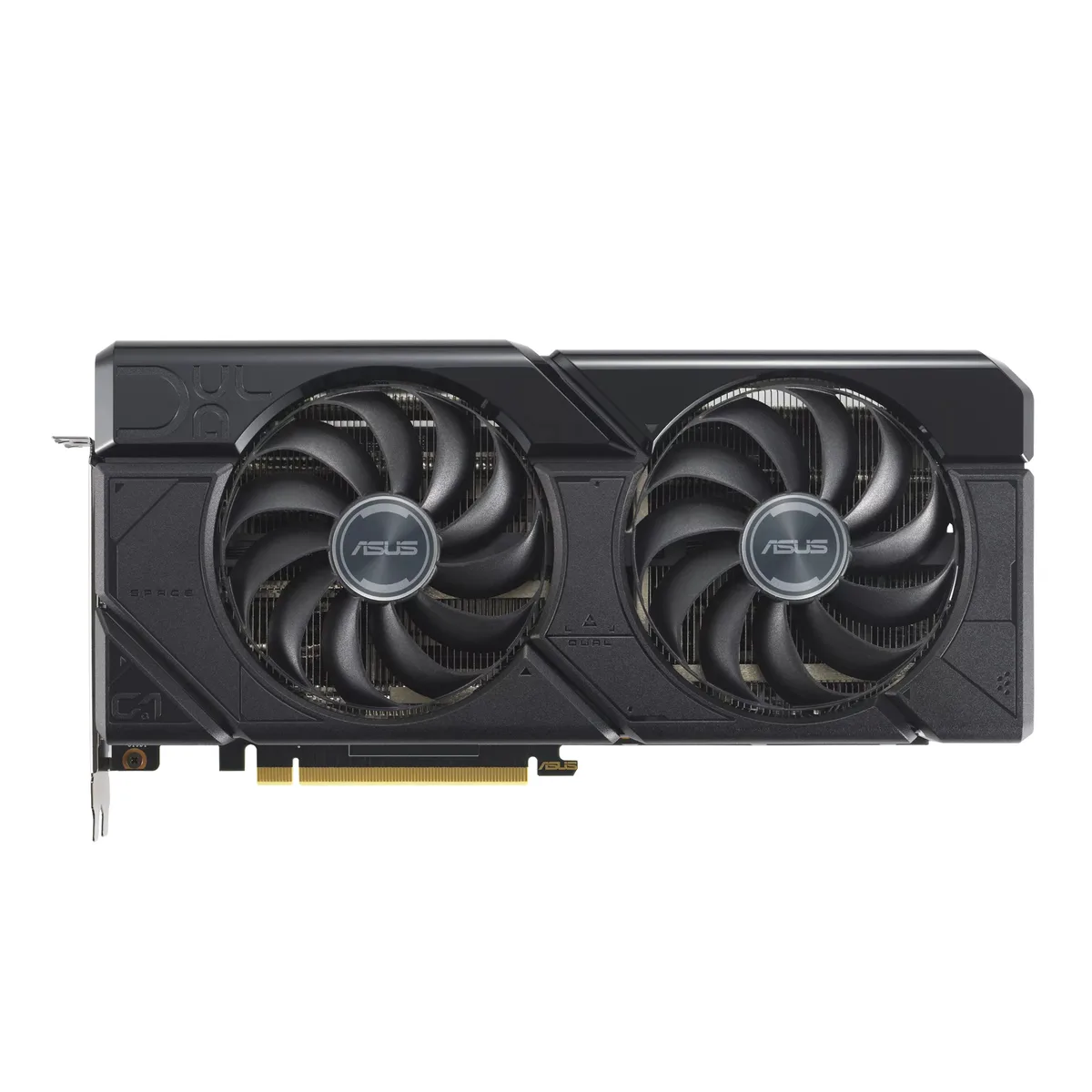 Dual-fan graphics card with protective backplate, matte black finish