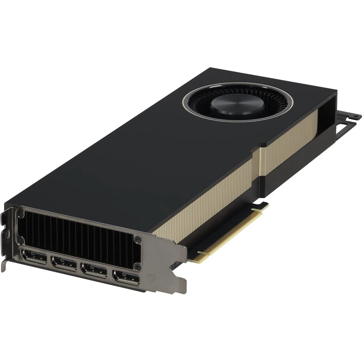 Full-height dual-slot graphics card with blower cooler and gold PCIe connector