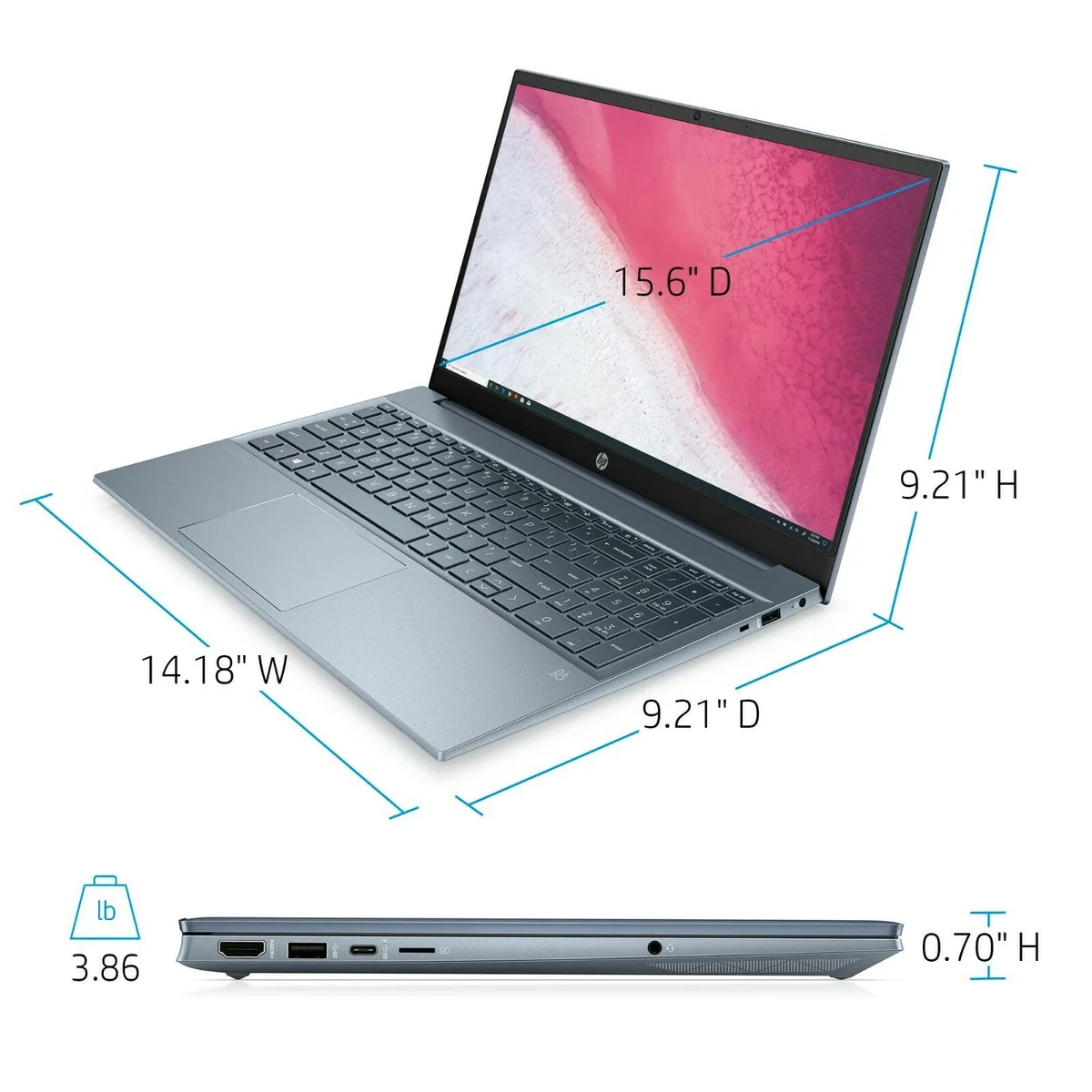 Blue HP Pavilion 15.6 inch laptop with micro-edge screen and silver keyboard