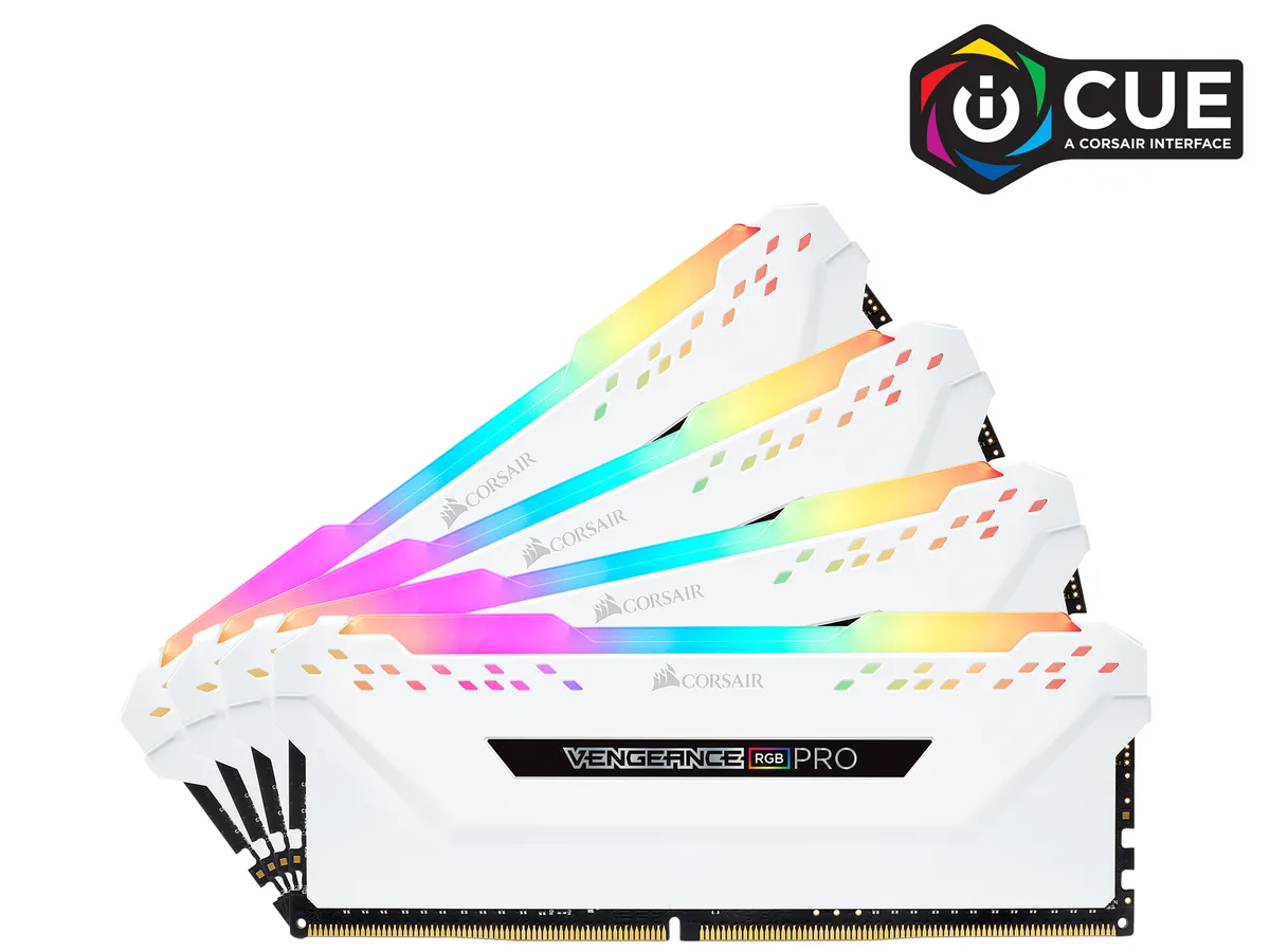 Four white DDR4 modules with anodized aluminium heat spreaders and RGB light bars