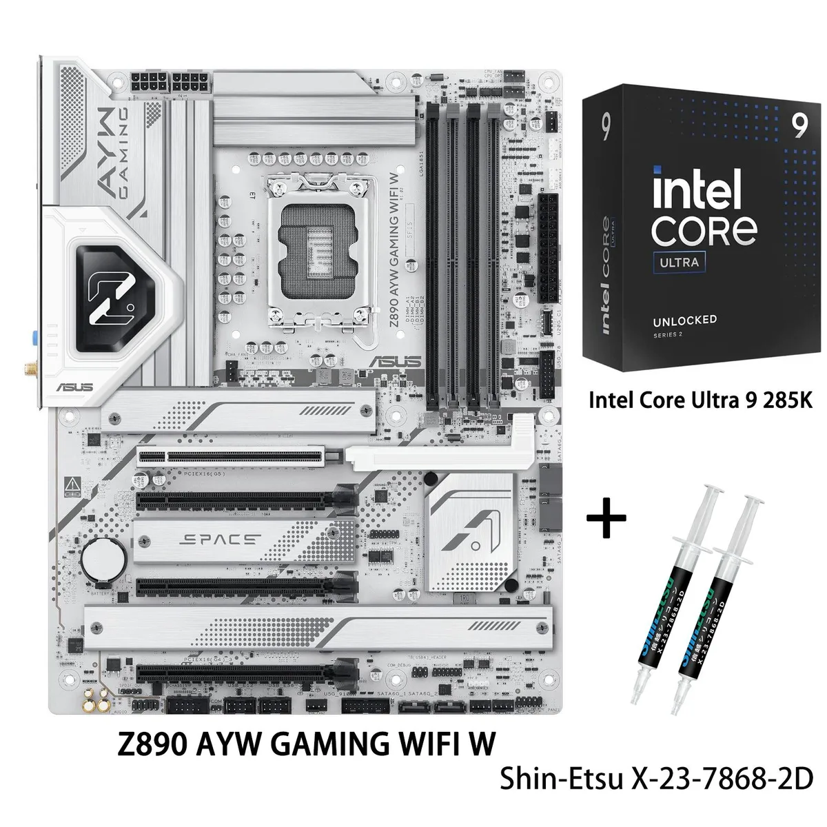 ATX motherboard in white finish with large VRM heatsinks, M.2 shields, and pre-mounted I/O shield