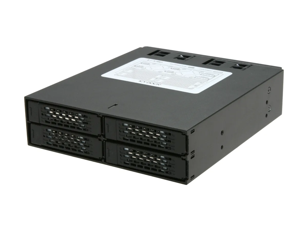 Black metal cage holding four 2.5 inch drive trays in one 5.25 inch bay with front LEDs