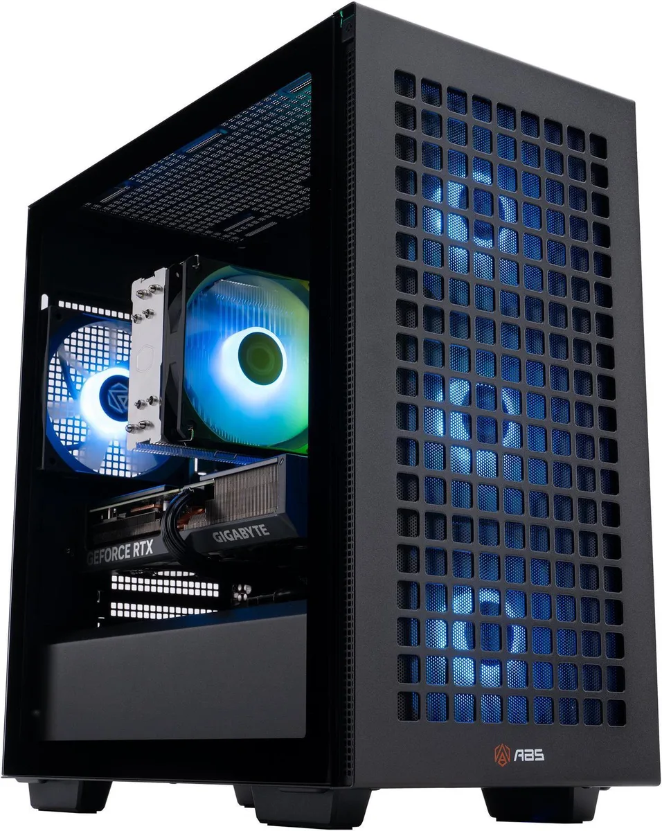 Black micro-tower gaming desktop with RGB-lit side panel and front mesh grille