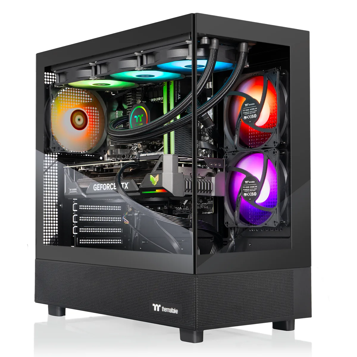Black mid-tower desktop with tempered glass side panel and visible 360mm ARGB liquid cooler