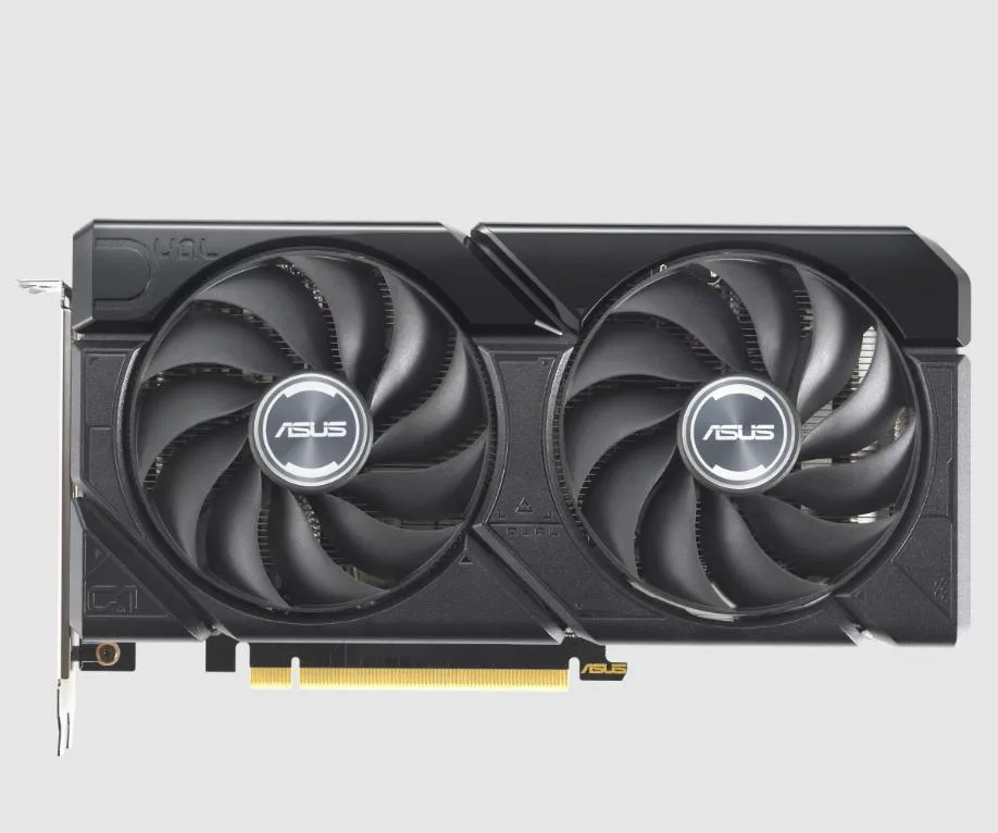 Dual-fan graphics card in dark grey and black finish with silver backplate